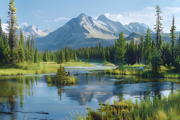 Tranquil Mountain Lake with Lush Forests and Majestic Peaks Reflecting in Clear Water on a Sunny Day