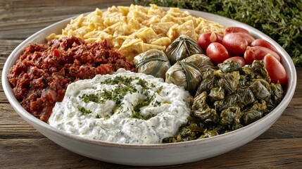  a wooden table with a plate filled with a variety of food items, including a bowl of tzatziki sauce, and a few leaves scattered around the plate The plate is fille