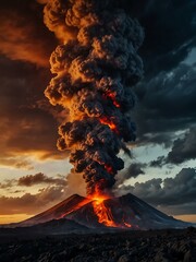 Fototapeta premium Active volcano eruption with flowing lava under a dramatic sky.