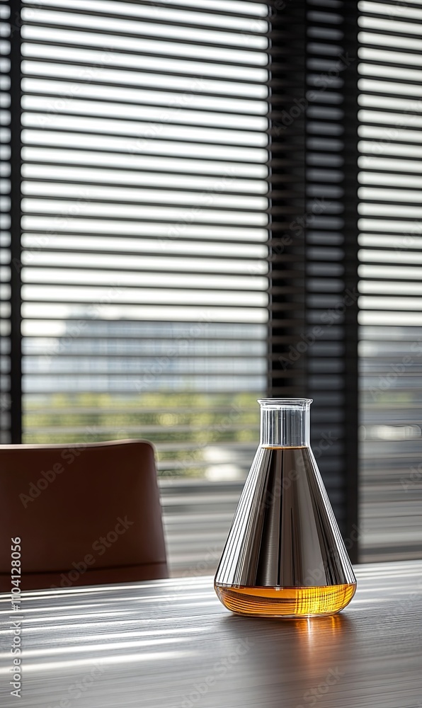 Poster modern laboratory flask on a light table with a view of the city outside.