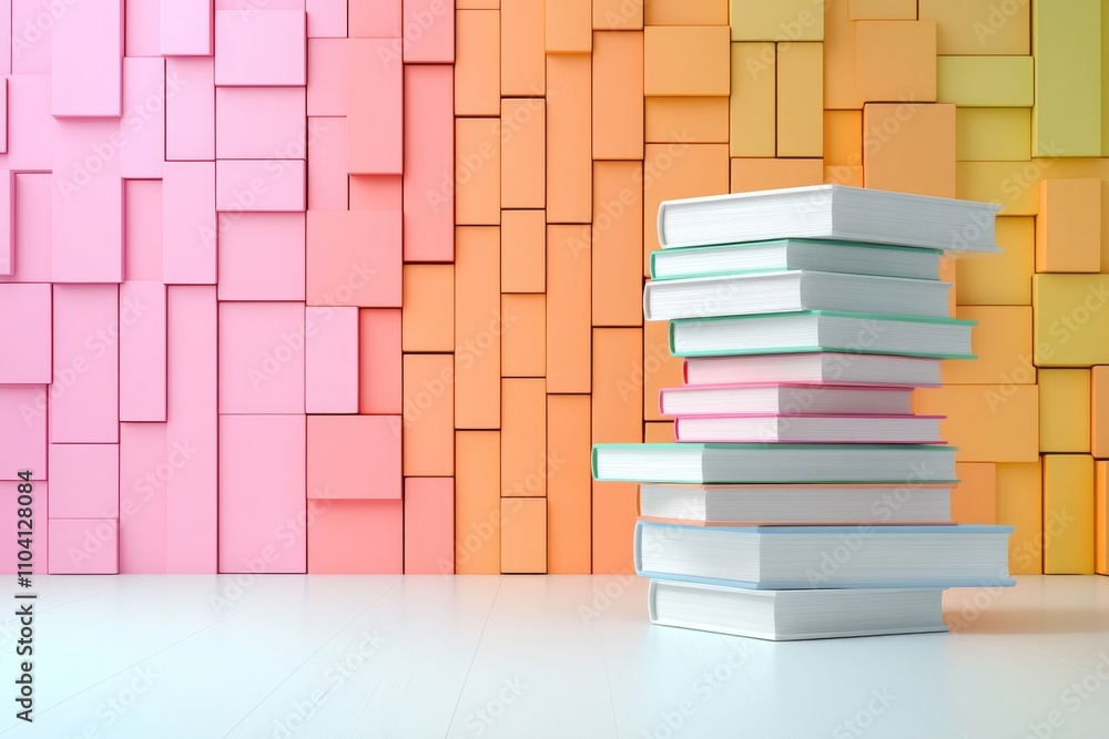 Poster a gradient composition of stacked books forming an abstract design, with smooth transitions between 