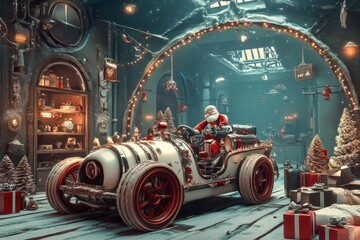 Santa Claus driving a vintage race car decorated with Christmas lights and ornaments through a snowy, festive garage.