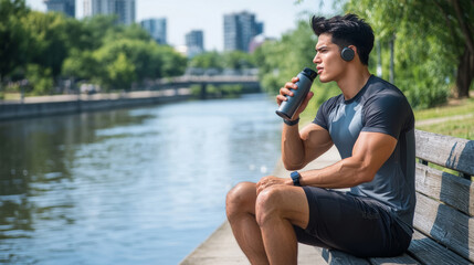 Man on bench drinking water from a bottle