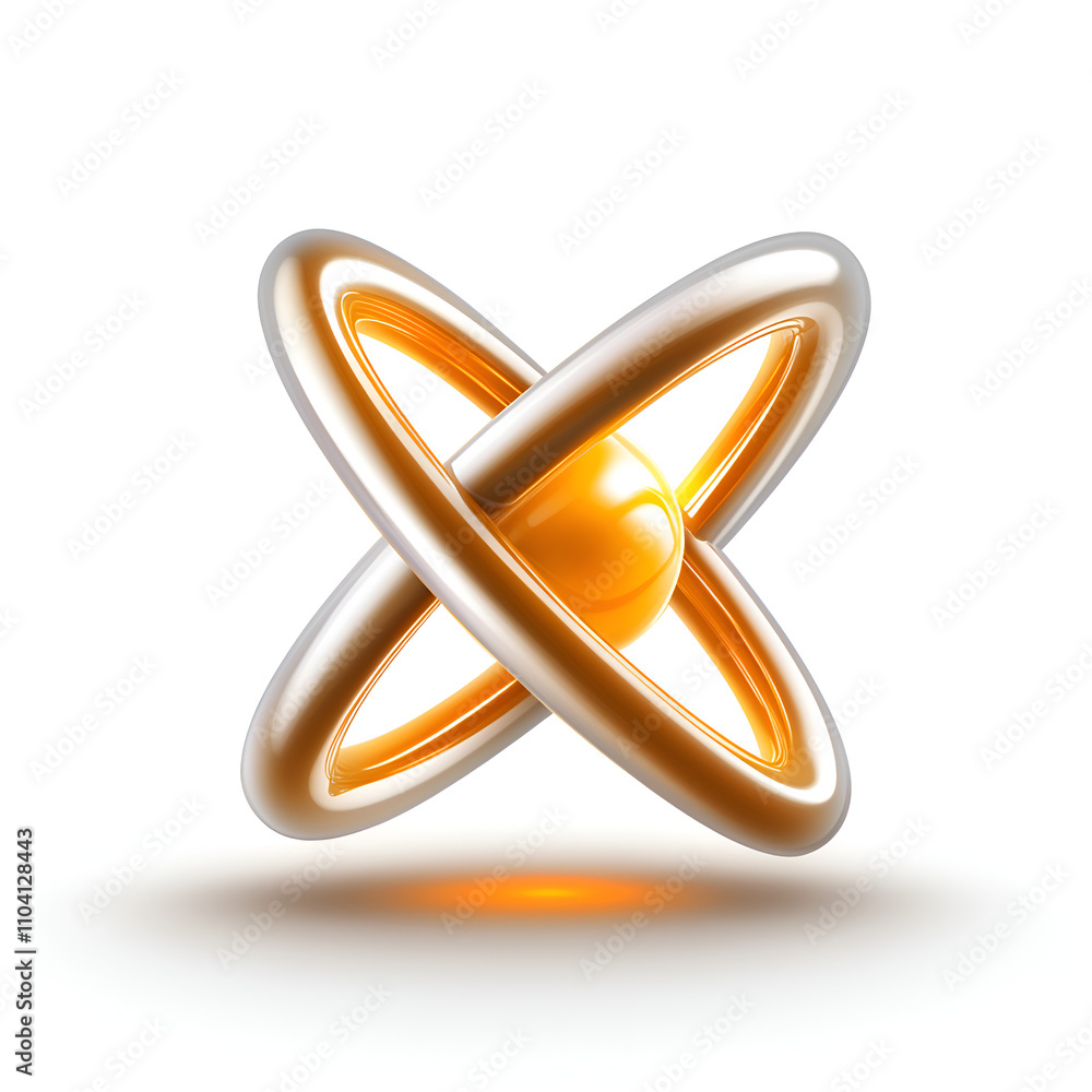 Poster abstract representation of atomic structure with orange nucleus and silver orbits