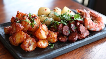  a wooden table with a black plate on top of it, filled with shrimp and potatoes The background is slightly blurred, giving the focus to the plate of food