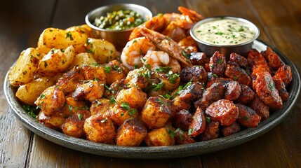 Fototapeta premium a plate of shrimp and potatoes with dipping sauces on a wooden table The plate is filled with a variety of food items, including shrimp, potatoes, and other accomp