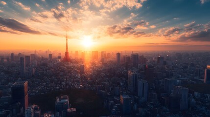Fototapeta premium Sunset over Tokyo cityscape with warm, glowing evening light.