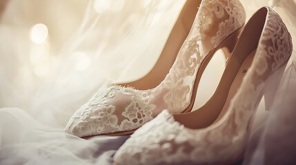 Pair of woman weeding heel shoes with white dress against a blured background.