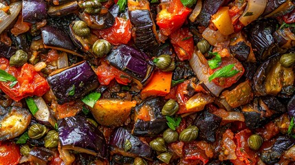  a close up of a pan filled with a variety of vegetables, including eggplant, tomatoes, and olives The vegetables are cooked to perfection, with a golden-brown colo