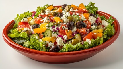  a red bowl filled with a Greek salad on top of a white table The salad is composed of various vegetables such as lettuce, tomatoes, cucumbers, and olives, and is t