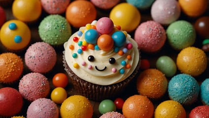 Fototapeta premium Adorable cupcake character surrounded by colorful candies.