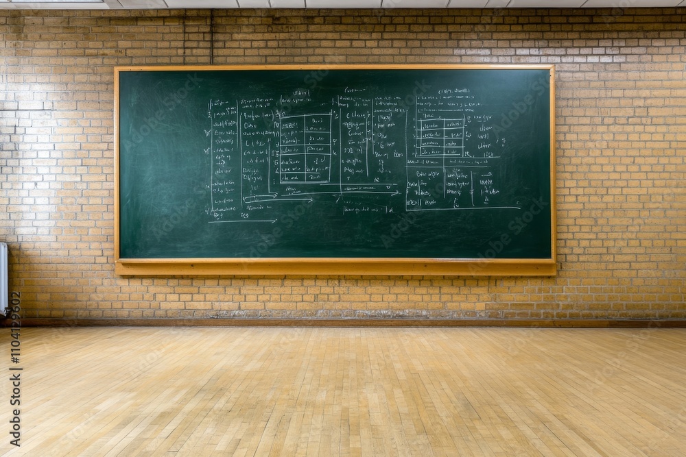 Aufkleber a large blackboard in a lecture hall with complex physics formulas written in white and yellow chalk