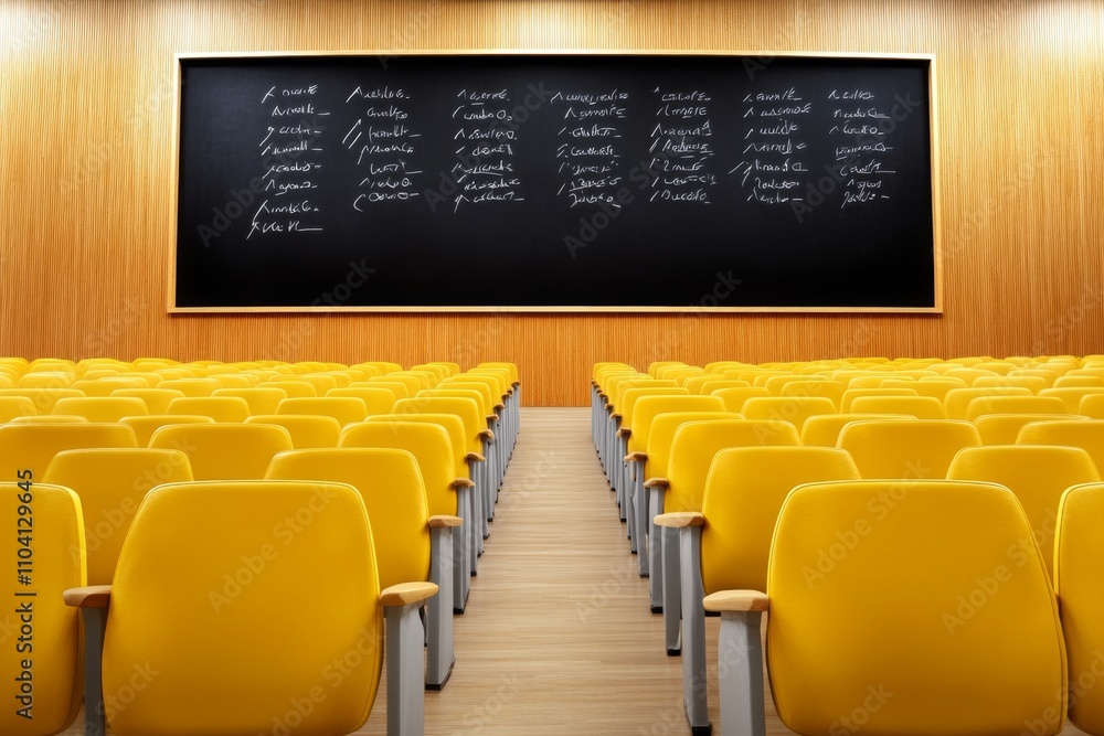 Aufkleber a large blackboard in a lecture hall with complex physics formulas written in white and yellow chalk