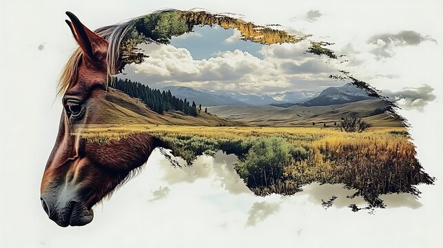 A vast open plain shaped like a horse&rsquo;s head, with flowing golden grasslands forming its mane, a bright blue sky dotted with fluffy clouds above, and rolling hills in the distance,