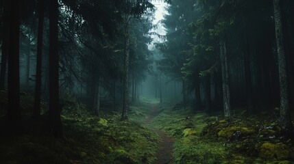 Obraz premium A misty path winds through a dense forest, sunlight barely penetrating the canopy.