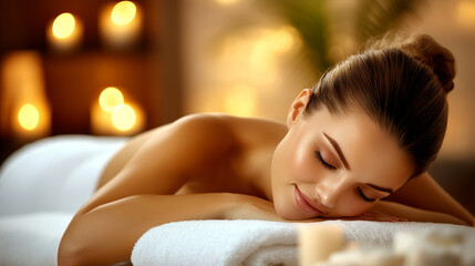 Woman relaxing on a towel in a spa room surrounded by candles.