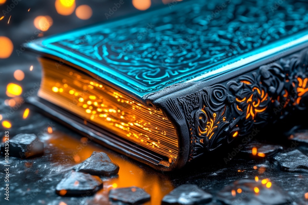 Poster a magical book with glowing pages and intricate designs, surrounded by floating runes and mystical s