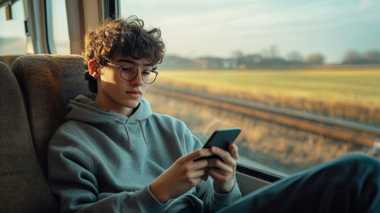 Young man using smartphone on train