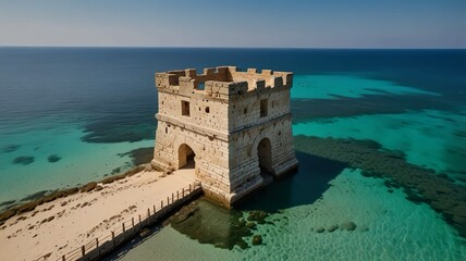 A stunning aerial view of the crystal clear waters surrounding the ruined watchtower of Torre Pali, nestled on the most beautiful sandy beaches of Apulia in Italy.
