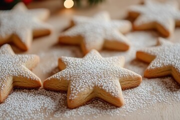 Star-shaped Christmas cookies dusted with powdered sugar