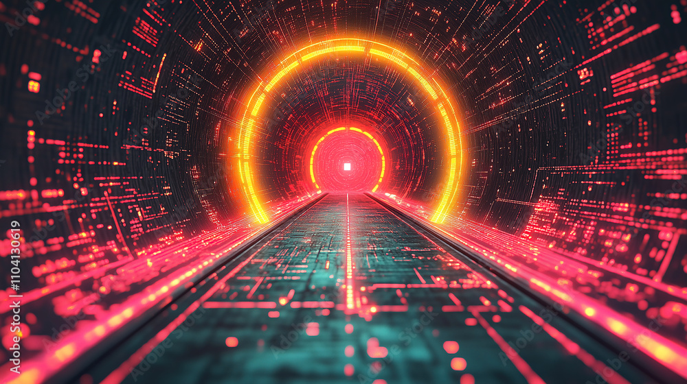 Poster visual representation of a futuristic tunnel illuminated by vibrant neon lights in a digital landsca