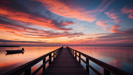 Fototapeta premium Ethereal sunset casts colorful hues over a lakeside pier view