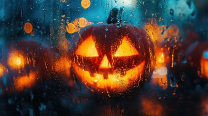 Fototapeta premium Halloween background with pumpkin and lantern on a wooden table, autumn leaves decoration. Copy space for text. Halloween concept. Autumn template design banner. Festive bokeh lights