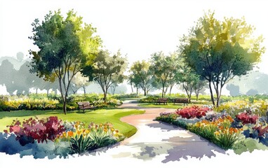 Obraz premium A relaxing watercolor sketch of a circular garden surrounded by blooming flowers, green grass, and tall trees. 