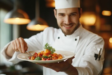 Chef presenting gourmet dish, focus on smiling face and food