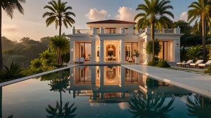A stunning white villa, adorned with intricate details and surrounded by lush greenery, basks in the warm glow of a setting sun. The crystal clear pool reflects the vibrant colors of the sky, creating
