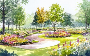 Obraz premium A relaxing watercolor sketch of a circular garden surrounded by blooming flowers, green grass, and tall trees. 