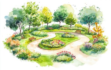 Obraz premium A watercolor-style illustration of a circular garden in an open park, showcasing vibrant green grass, trees, and colorful flowers.