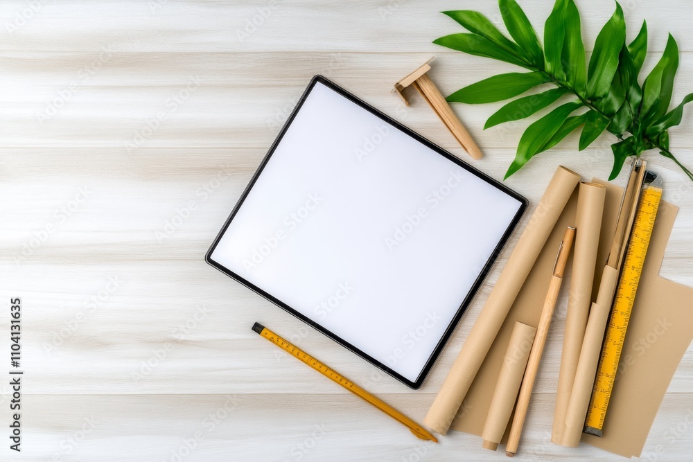 Aufkleber a modern workspace featuring a digital tablet displaying a 3d blueprint alongside traditional paper 