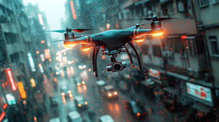 sleek autonomous drone flies bustling city utilizing sophisticated sensors and navigation systems collect data while highlighting dynamic urban landscape below.