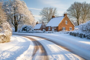 Snow-covered houses by road in serene winter landscape
