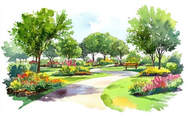 Fototapeta premium A wide-perspective watercolor drawing of a circular garden in an open park, featuring green grass, trees, and vibrant flowers. 