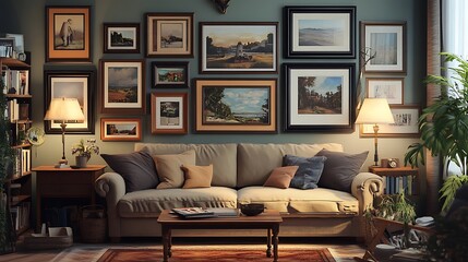 A cozy living room with a gallery wall filled with framed art and personal photos