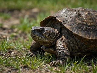 Fototapeta premium Adult snapping turtle on grassy ground.