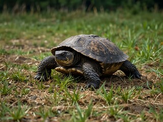 Fototapeta premium Adult snapping turtle on grassy ground.