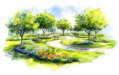 Fototapeta premium A wide-perspective watercolor drawing of a circular garden in an open park, featuring green grass, trees, and vibrant flowers. 