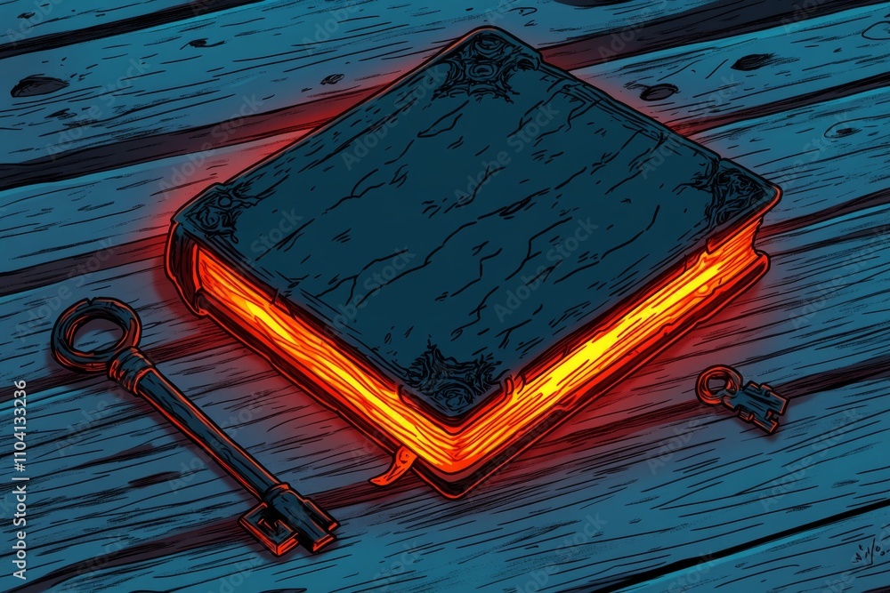 Poster A pixel art rendition of an old book with animated glowing pages and a small key resting beside it, evoking a retro RPG vibe