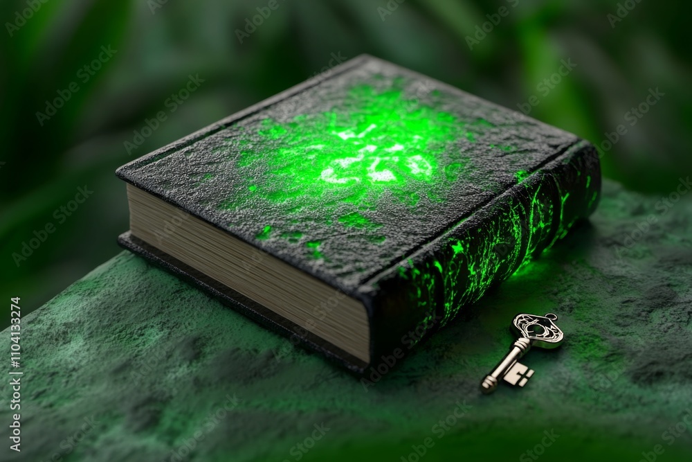 Poster a pixel art rendition of an old book with animated glowing pages and a small key resting beside it, 