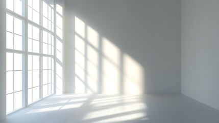 A clean white wall with sunlight streaming through a nearby window, creating geometric patterns