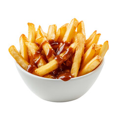 Crispy golden French fries topped with savory barbecue sauce in white bowl, perfect for delicious snack or side dish. Isolated White Background