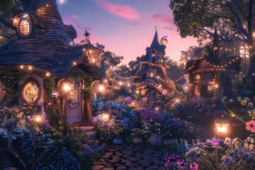 A whimsical village scene at twilight, adorned with flowers and warm lights.