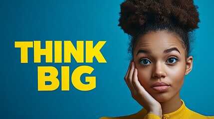 A young Black female with curly hair poses thoughtfully against a vibrant blue background, embodying the message 'Think Big' in a playful, inspiring manner.