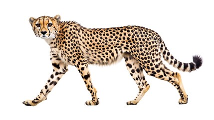Cheetah walking on white background.