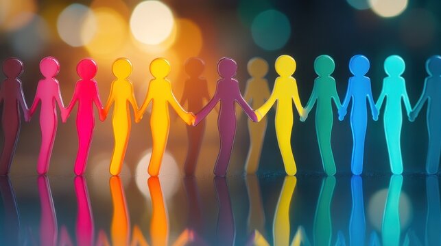 Rainbow paper cutouts linked in a glowing formation