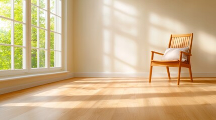 Fototapeta premium a wooden chair sitting in front of a window, with a cushion on it, and a wall in the background Through the window, we can see trees outside