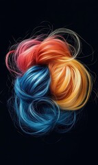 Vibrant colorful hair strands in a knotted, abstract design on black background.